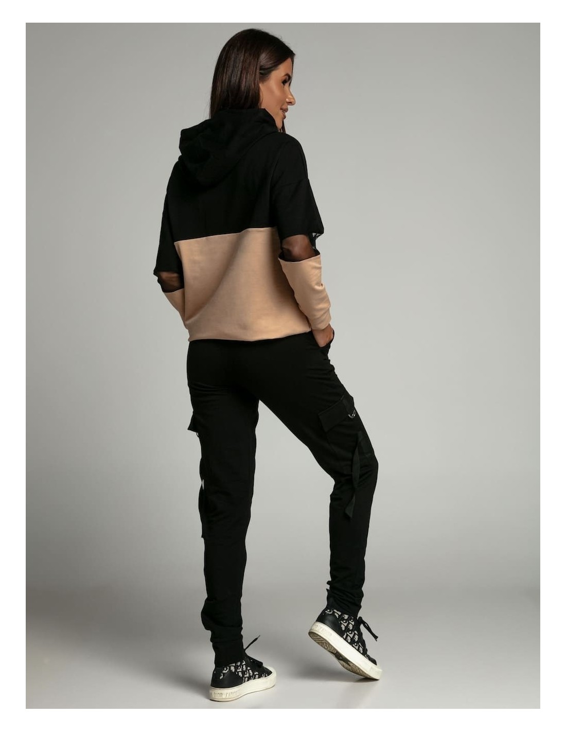 Two-color tracksuit with transparent inserts on the sleeves, beige FI530 - Online store - Boutique